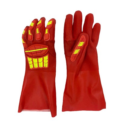 Sandy Coated Anti Slip Cotton Interlock Liner Chemical Resistant Long Cuff PVC Impact Glove