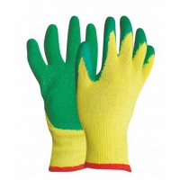 10 gauge yellow cotton polyester liner knitted green crinkle rubber latex coated working gloves