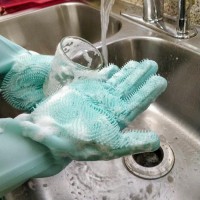 Magic Silicone Dishwashing Gloves Scrubbing Cleaning-Dish Wash Silicone Reusable Sponge Gloves with Scrubber